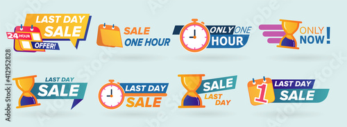 Sale countdown badges. Last minute offer banner, one day sales and 24 hour sale promo stickers. Bright vector icons set isolated on white.