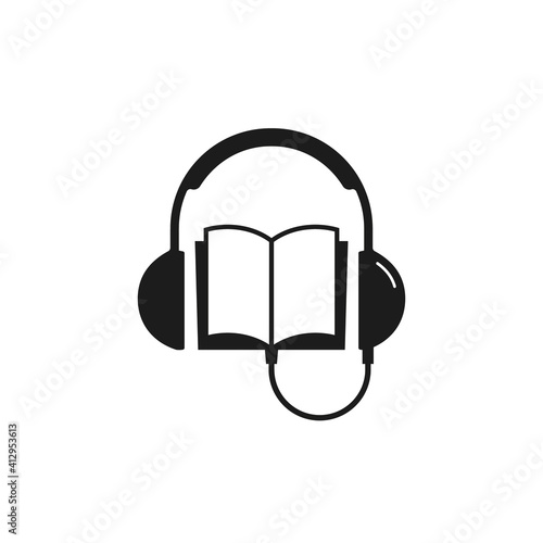 Headphones and books logo, audiobook online learning, Vector education concept. Flat design