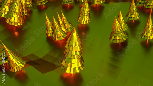 three-dimensional low poly golden landscape. trees and mountains. 3d render illustration