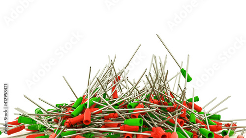 a bunch of scattered needles from disposable syringes. 3d render illustration