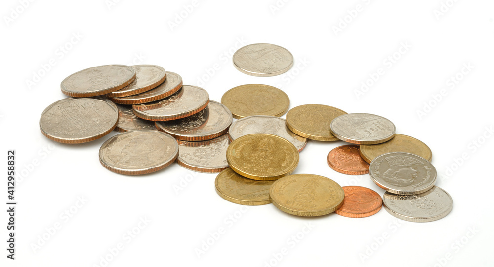 Thai baht money or Money thai coins staircase sorted on isolate. Thai baht money or Money thai coins staircase sorted on isolate.