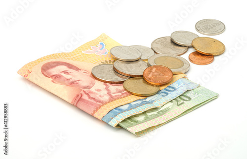 close-up Thai Baht Coins on white background. Thailand money