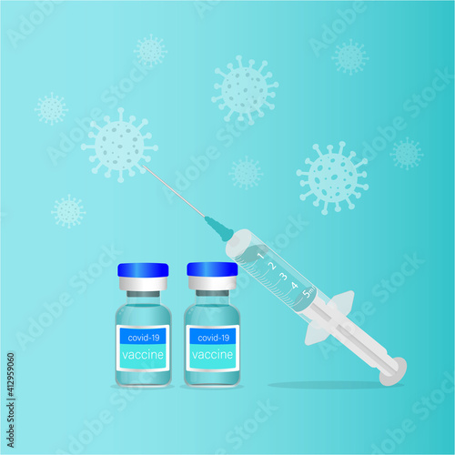 Covid-19. Coronavirus vaccine. Syringe and vaccine vials. Vector illustration