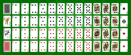 Playing cards, simplified version. Poker set with isolated cards. Poker playing cards, full deck. photo