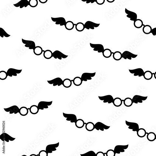 Seamless pattern with black Hipster Glasses with wings. Creative glasses texture.