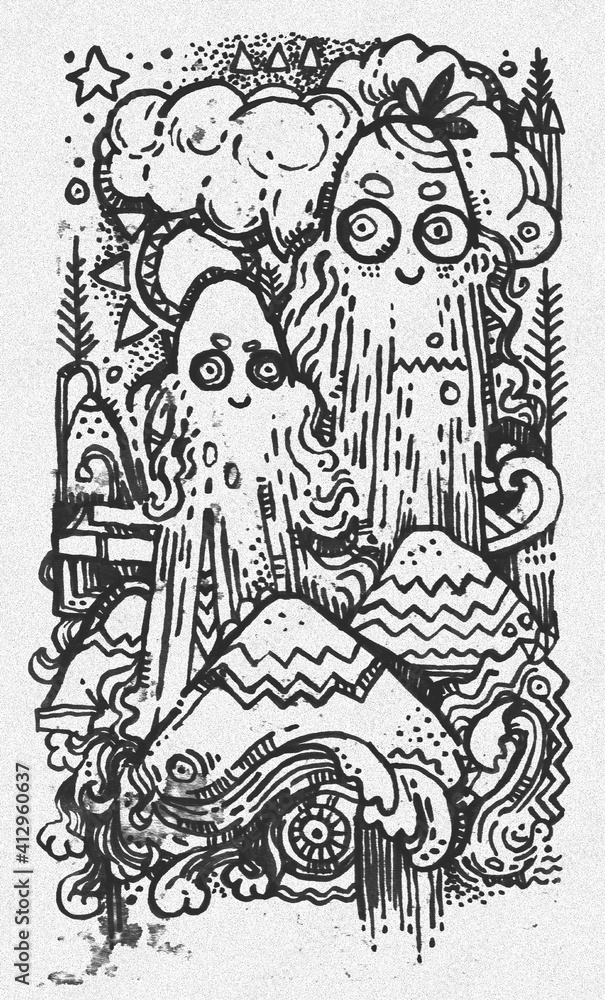 Obraz premium Hand drawn doodle illustration with funny ghosts and snow.