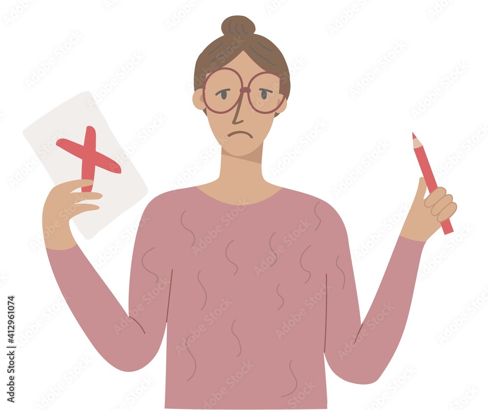 Woman with cross on ballot paper and red pencil in hand. Flat icon design. Vector stock illustration.