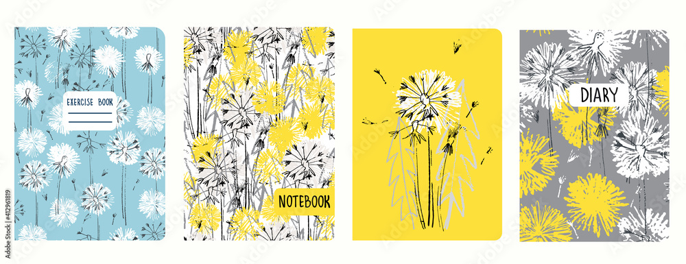 Set of cover page templates with dandelions. Based on seamless patterns. Headers isolated and replaceable. Perfect for school notebooks, diaries - obrazy, fototapety, plakaty 
