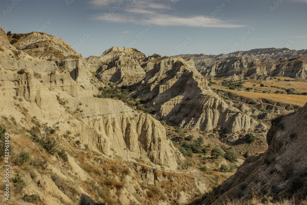 Amazing panorama view of Vashlovani protected park, Georgia. Semi dessert area.Impressive view of summer mountain landscape,cliffs,rocky formations.Copy space for text.Travel adventure background