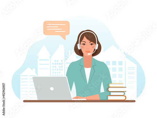 Woman with headphones and microphone with laptop. Customer support department staff, telemarketing agents. Online  helpdesk, call center. Vector illustration in flat style. 