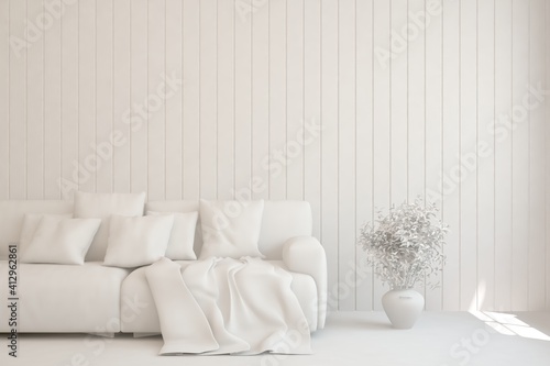 White minimalist living room with sofa. Scandinavian interior design. 3D illustration