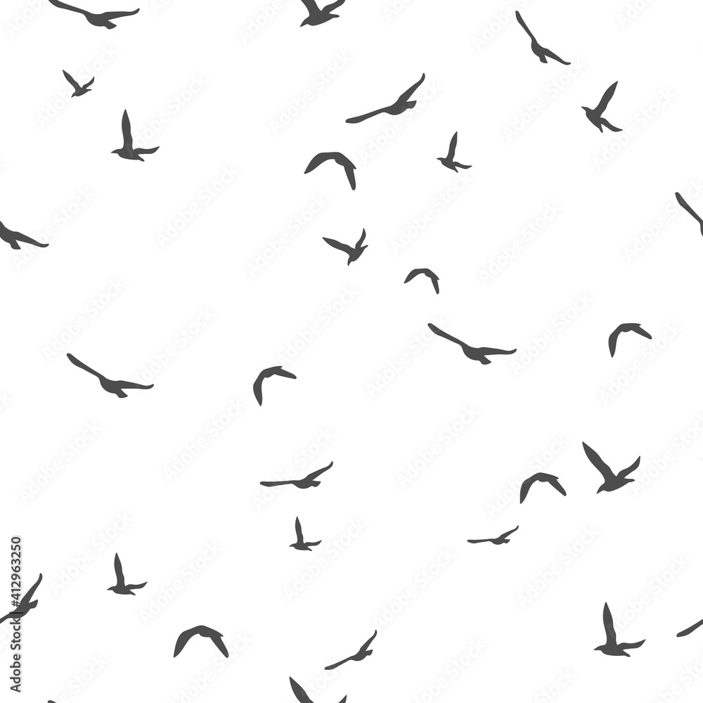 Seamless abstract pattern with black flying birds on white background.