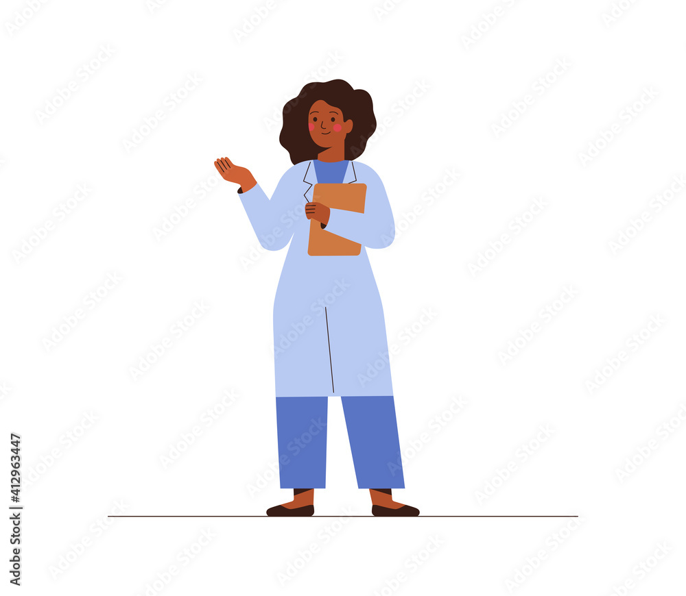 Black female doctor in medical uniform pointing and showing smth with hand. Confident African American woman medicine worker explaining and presenting something. vector flat illustration. Black female doctor in medical uniform pointing and showing smth with hand. Confident African American woman medicine worker explaining and presenting something. vector flat illustration.