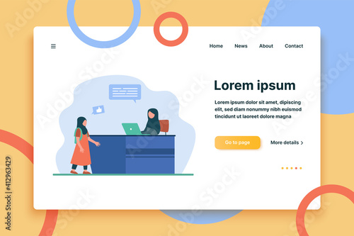 Muslim woman working on laptop and talking with girl. Mom, kid, computer flat vector illustration. Family and communication concept for banner, website design or landing web page