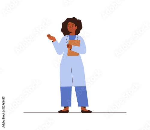 Black female doctor in medical uniform pointing and showing smth with hand. Confident African American woman medicine worker explaining and presenting something. vector flat illustration.