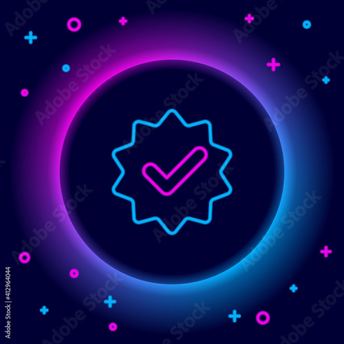 Glowing neon line Approved or certified medal and check mark icon isolated on black background. Colorful outline concept. Vector.