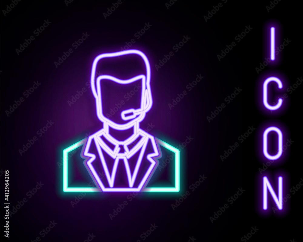 Glowing neon line Man with a headset icon isolated on black background. Support operator in touch. Concept for call center, client support service. Colorful outline concept. Vector. Glowing neon line Man with a headset icon isolated on black background. Support operator in touch. Concept for call center, client support service. Colorful outline concept. Vector.