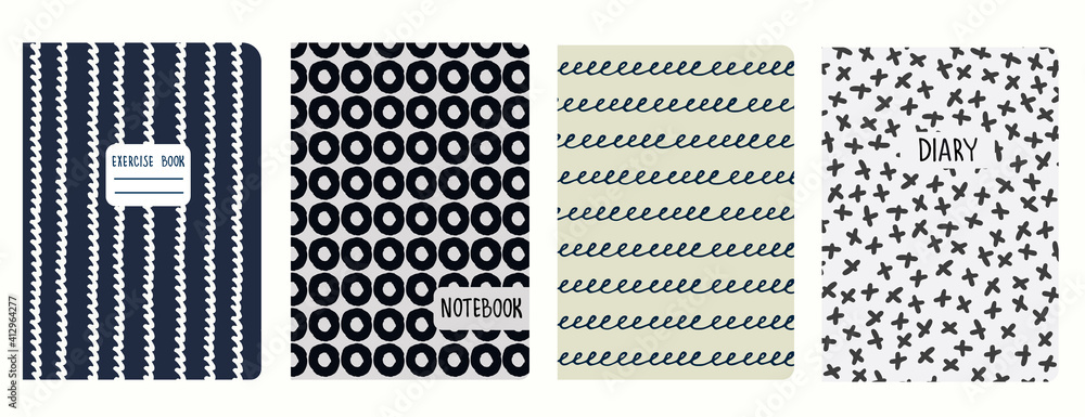 Cover page templates with hand drawn circles, asterisks, waves, spiral lines. Based on seamless patterns. Handwriting imitation. Headers isolated and replaceable. Perfect for school notebooks, diaries Cover page templates with hand drawn circles, asterisks, waves, spiral lines. Based on seamless patterns. Handwriting imitation. Headers isolated and replaceable. Perfect for school notebooks, diaries