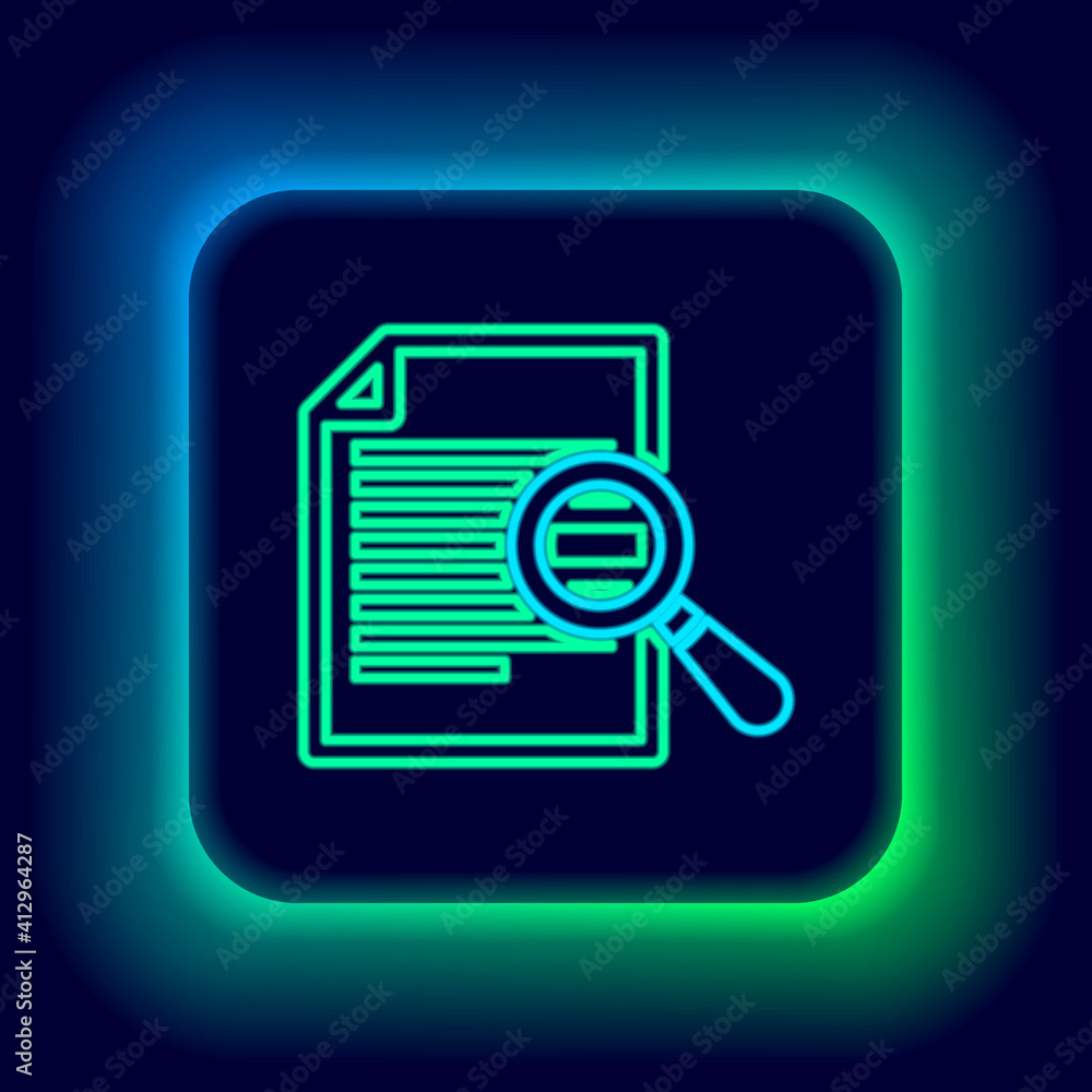 Glowing neon line Document with search icon isolated on black background. File and magnifying glass icon. Analytics research sign. Colorful outline concept. Vector. Glowing neon line Document with search icon isolated on black background. File and magnifying glass icon. Analytics research sign. Colorful outline concept. Vector.