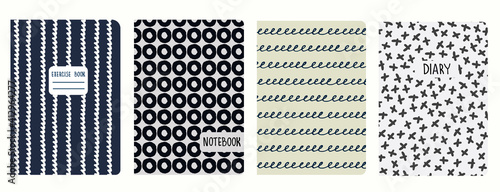 Cover page templates with hand drawn circles, asterisks, waves, spiral lines. Based on seamless patterns. Handwriting imitation. Headers isolated and replaceable. Perfect for school notebooks, diaries