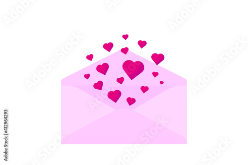 Letter with hearts. Postcard for Valentines Day. Pink envelope in flat style. Greetings