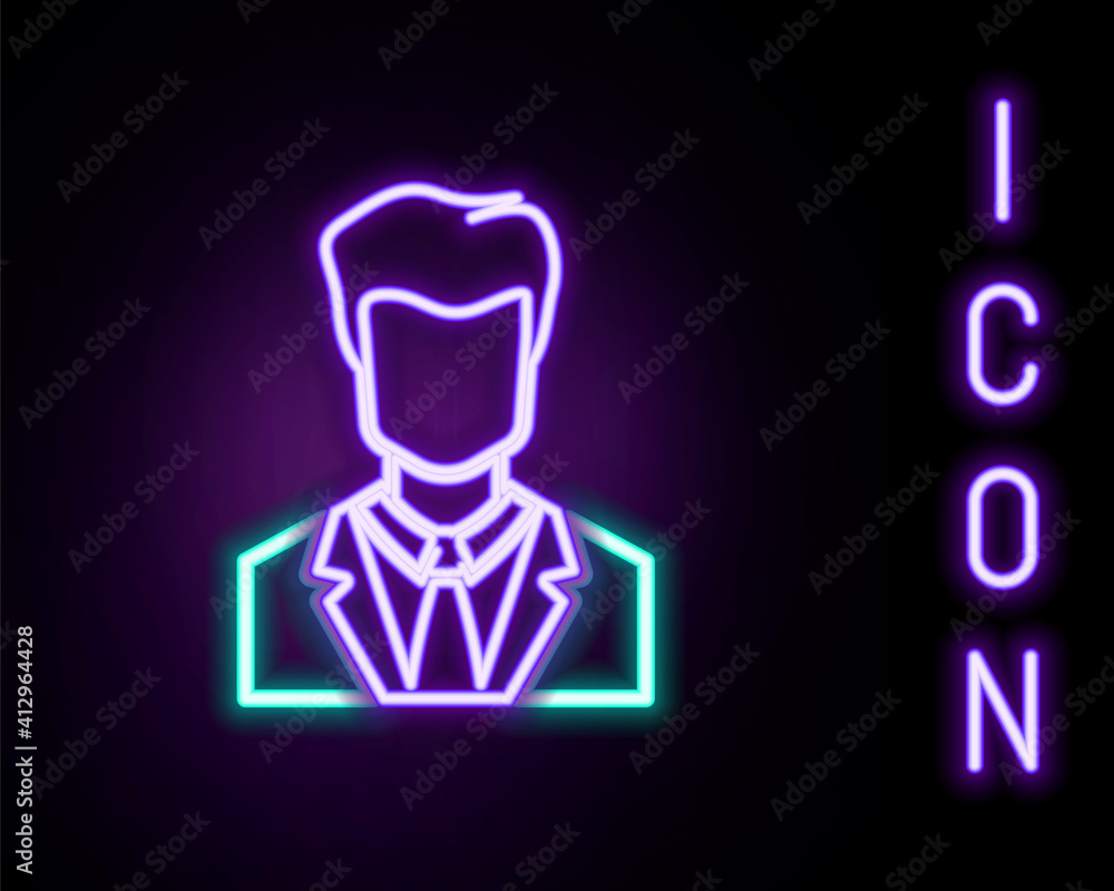 Glowing neon line User of man in business suit icon isolated on black background. Business avatar symbol - user profile icon. Male user sign. Colorful outline concept. Vector. Glowing neon line User of man in business suit icon isolated on black background. Business avatar symbol - user profile icon. Male user sign. Colorful outline concept. Vector.