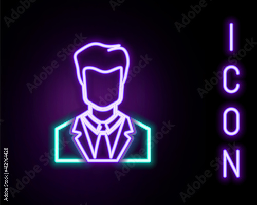 Glowing neon line User of man in business suit icon isolated on black background. Business avatar symbol - user profile icon. Male user sign. Colorful outline concept. Vector.