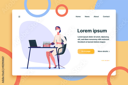 Medical worker in white coat working in lab. Female worker with test-tube flasks with substances flat vector illustration. Clinical analysis concept for banner, website design or landing web page