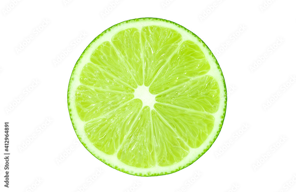 Lime cut isolated on a white background with clipping path, element of packaging design. Lime cut isolated on a white background with clipping path, element of packaging design.