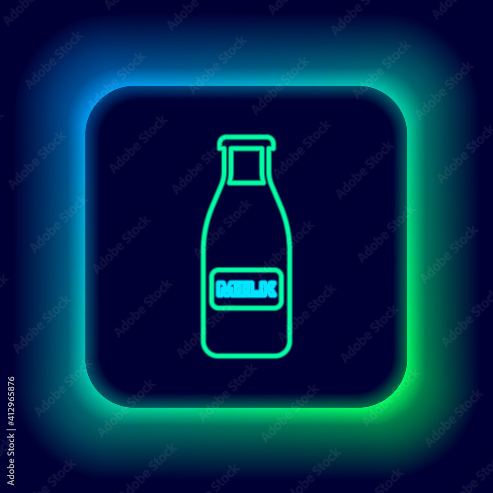 Glowing neon line Closed glass bottle with milk and cap icon isolated on black background. Colorful outline concept. Vector. Glowing neon line Closed glass bottle with milk and cap icon isolated on black background. Colorful outline concept. Vector.