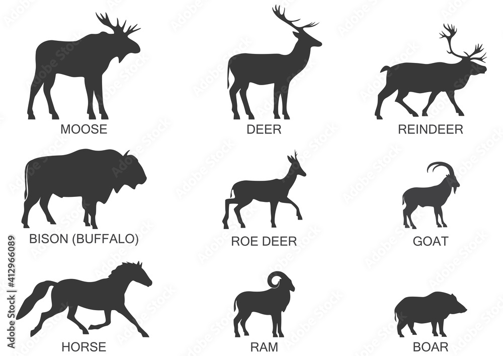 Silhouettes of wild herbivores, icon set. Vector illustration on a white background.
