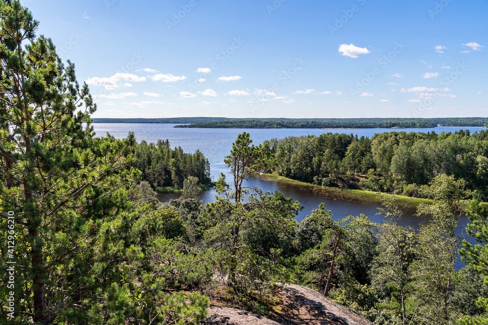 Russia, Lake Ladoga, August 2020. Skerries of the lake shore, view from the cliff.