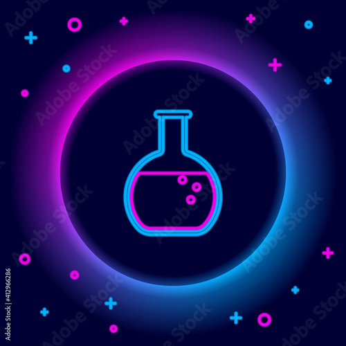Glowing neon line Test tube and flask - chemical laboratory test icon isolated on black background. Colorful outline concept. Vector.