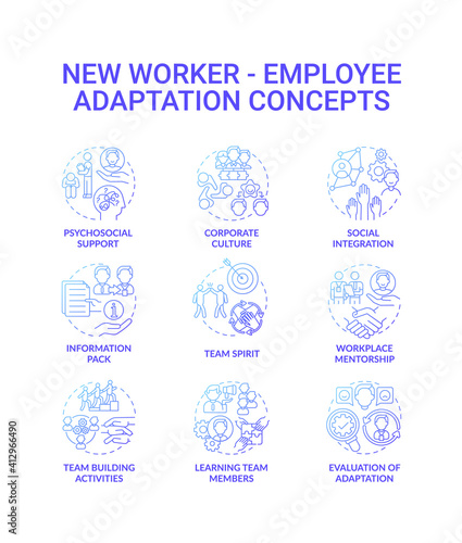 Social integration concept icons set. Information pack idea thin line RGB color illustrations. Team building activities and evaluation of adaptation. Vector isolated outline drawings