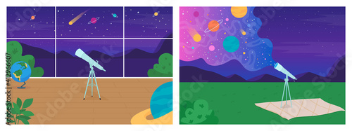 Space exploration with telescope flat color vector illustration set. Place to learn new thing about space science 2D cartoon interior with dark night sky with lots of stars on background
