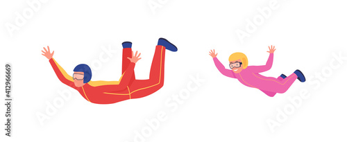 Skydiving activity flat color vector faceless character set. Preparing for space mission for discovering new planets. Science isolated cartoon illustration for web graphic design and animation