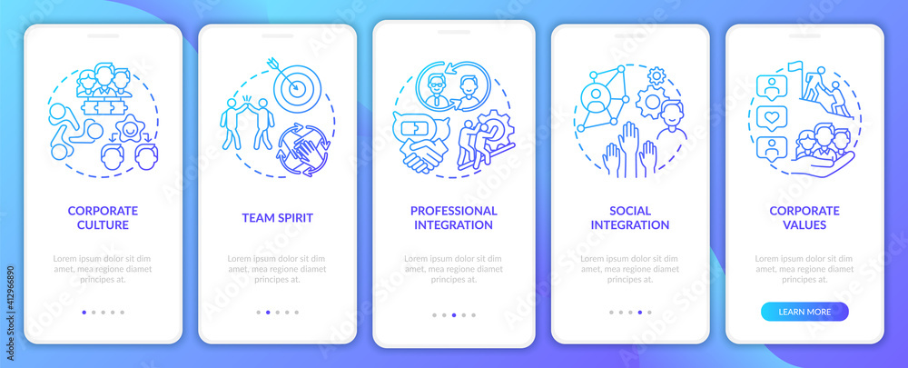 Integration onboarding mobile app page screen with concepts. Adaptation of new worker in company walkthrough 5 steps graphic instructions. UI vector template with RGB color illustrations