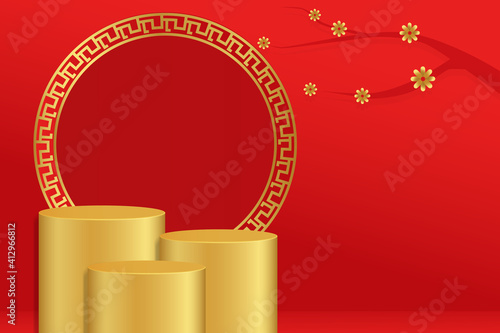 Abstract Empty red podium on dark red 3d background with podium and circular for product minimal presentation. cosmetics stand, Chinese New Year, banner, sale, copy space, vector