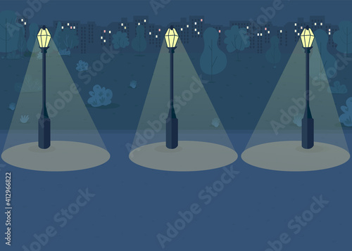 Night park flat color vector illustration. Dark city park with no people walking around. Silent place for making crime for criminal 2D cartoon cityscape with big city uildings on background