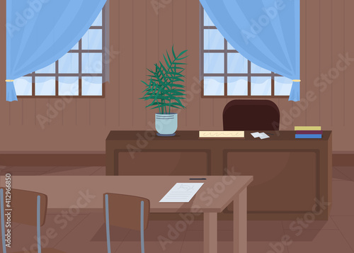 Courthouse flat color vector illustration. Place where justice is main thing. Investigating crimes and thinking about verdict for criminal 2D cartoon interior with big judge table on background