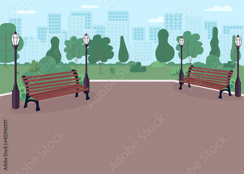 City park flat color vector illustration. Peaceful place for walking and playing with children. Beautiful place to spend leisure time 2D cartoon cityscape with big modern buildings on background