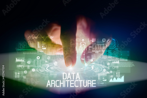 Finger touching tablet with web technology icons and DATA ARCHITECTURE inscription