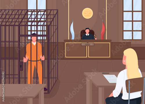Courthouse flat color vector illustration. Judge listening lawyer who protects criminal. Court workers talking about crime evidences 2D cartoon characters with modern courthouse on background