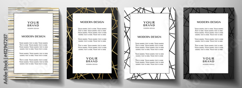 Modern black and gold frame design set (collection). Formal vector layout background with luxury creative line pattern for note, business poster, brochure template, menu