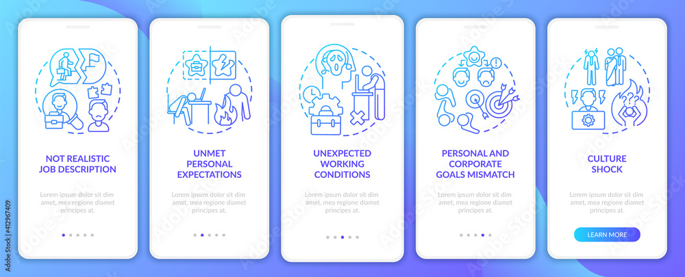 Unexpected working conditions onboarding mobile app page screen with concepts. Emotional burden of new worker walkthrough 5 steps graphic instructions. UI vector template with RGB color illustrations