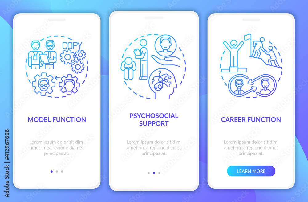 Mentorship with new worker onboarding mobile app page screen with concepts. Psychosocial support walkthrough 3 steps graphic instructions. UI vector template with RGB color illustrations