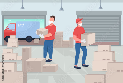 Mail warehouse flat color vector illustration. Sending packages during dangerous disease pandemic. Right to home delivery company staff 2D cartoon characters with lots of boxes on background