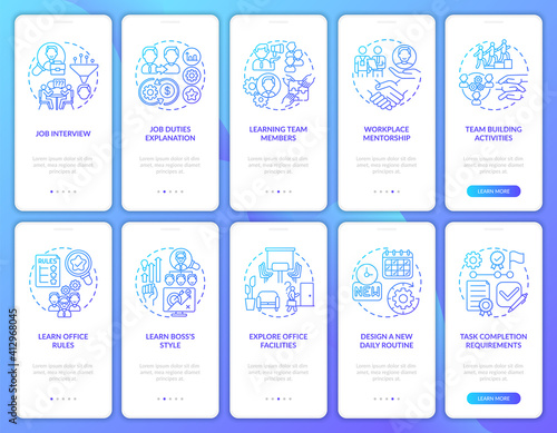 Requirements of completion task onboarding mobile app page screen with concepts set. Office facilties walkthrough ten steps graphic instructions. UI vector template with RGB color illustrations