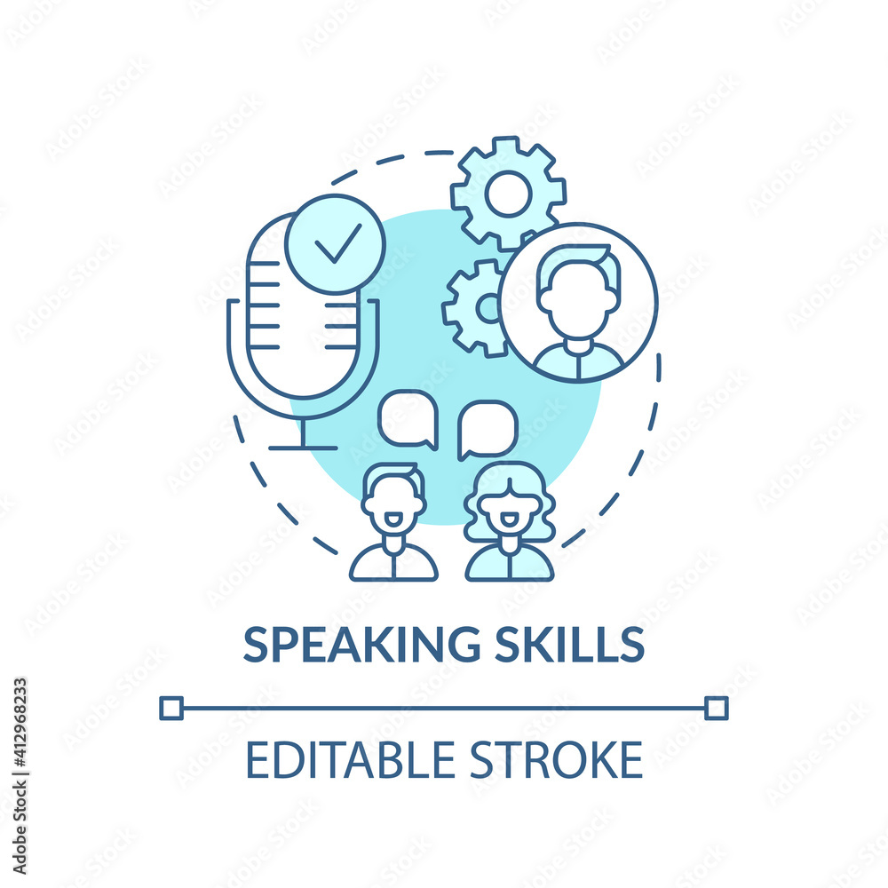 Speaking skills concept icon. Language learning competence idea thin line illustration. Communication. Language delivery through mouth. Vector isolated outline RGB color drawing. Editable stroke Speaking skills concept icon. Language learning competence idea thin line illustration. Communication. Language delivery through mouth. Vector isolated outline RGB color drawing. Editable stroke