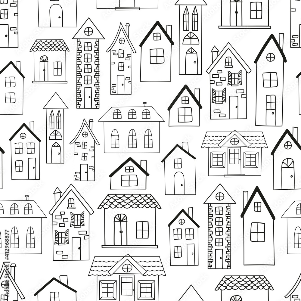Seamless pattern with set of hand drawn houses in doodle style isolated on white background. Vector architecture illustration. Residential building sign, buying, selling, renting real estate Seamless pattern with set of hand drawn houses in doodle style isolated on white background. Vector architecture illustration. Residential building sign, buying, selling, renting real estate
